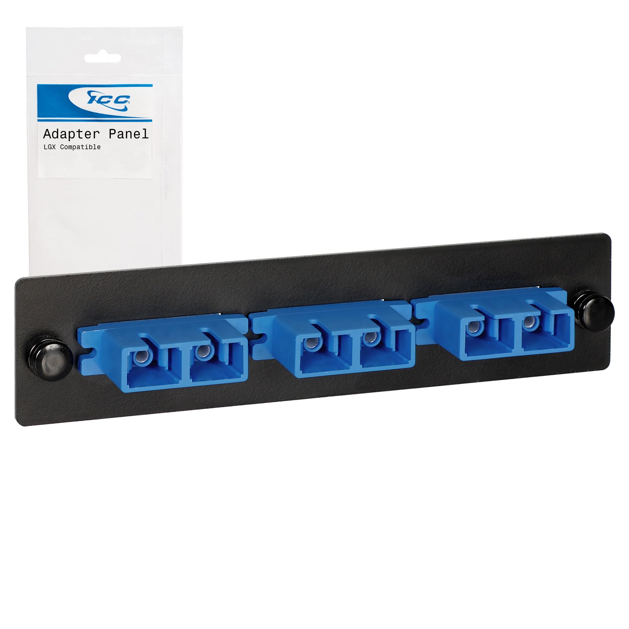 ICC SC-SC Fiber Optic Adapter Panel, LGX Compatible, 6 Fibers, Singlemode, Blue 94V-0 Adapters, Push Fasteners