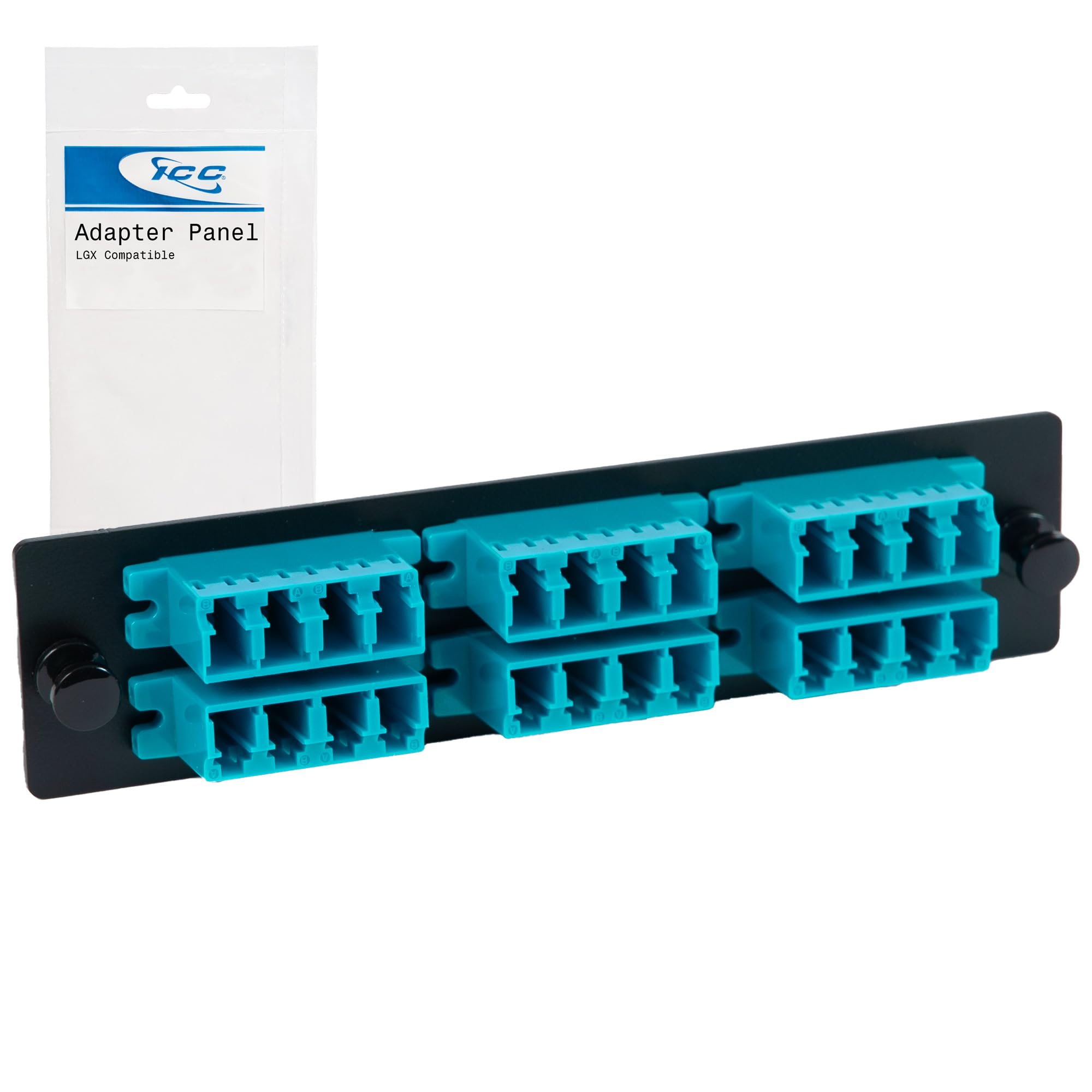 ICC LC-LC Fiber Optic Adapter Panel, LGX Compatible, 24 Fibers, Multimode 10G, Aqua 94V-0 Adapters, Push Fasteners