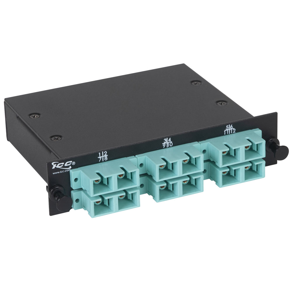 icfc12ms1g-sc-mpo-fiber-optic-lgx-cassette-aqua-multimode-adapters-12-om3-fibers