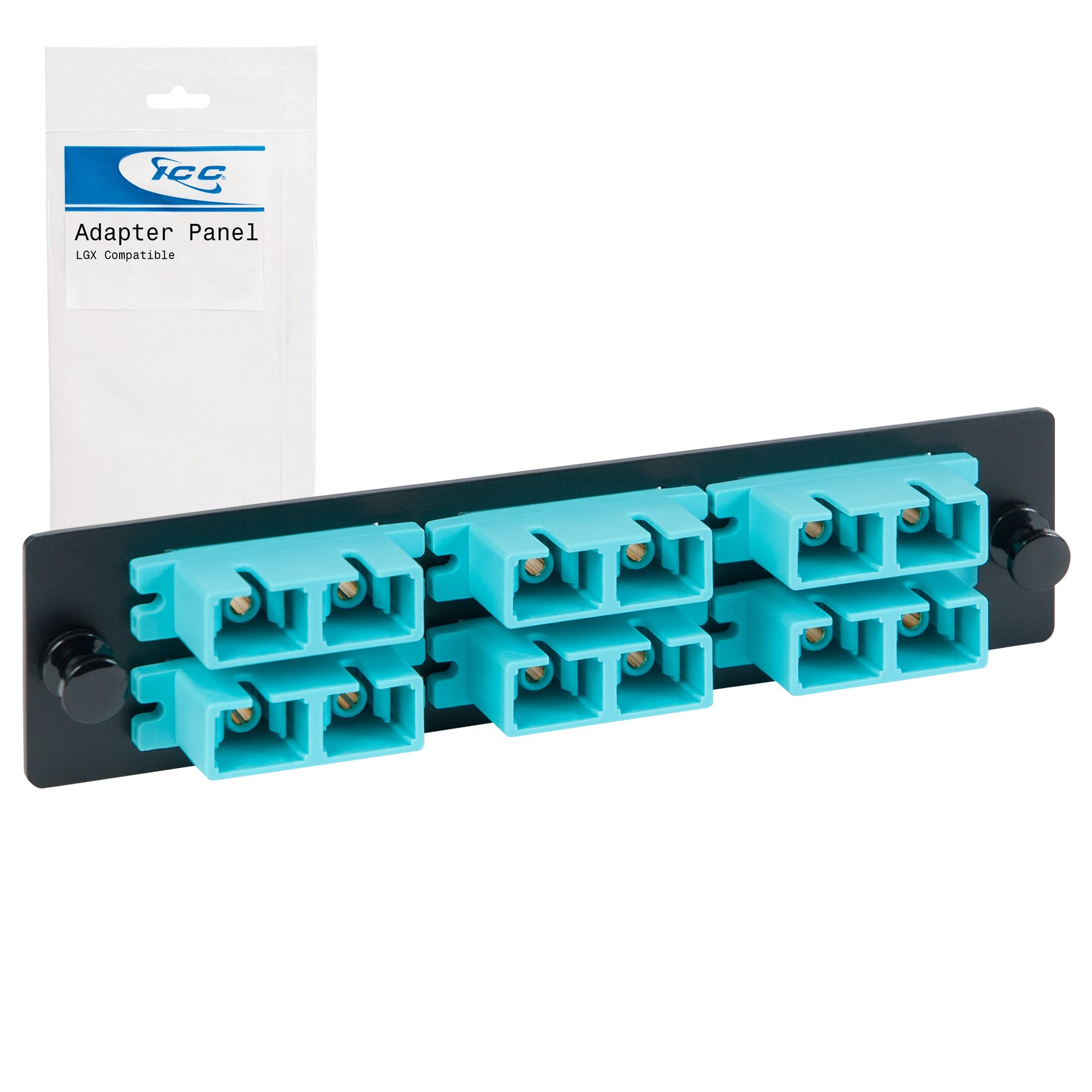 ICC SC-SC Fiber Optic Adapter Panel, LGX Compatible, 12 Fibers, Multimode 10G, Aqua 94V-0 Adapters, Push Fasteners