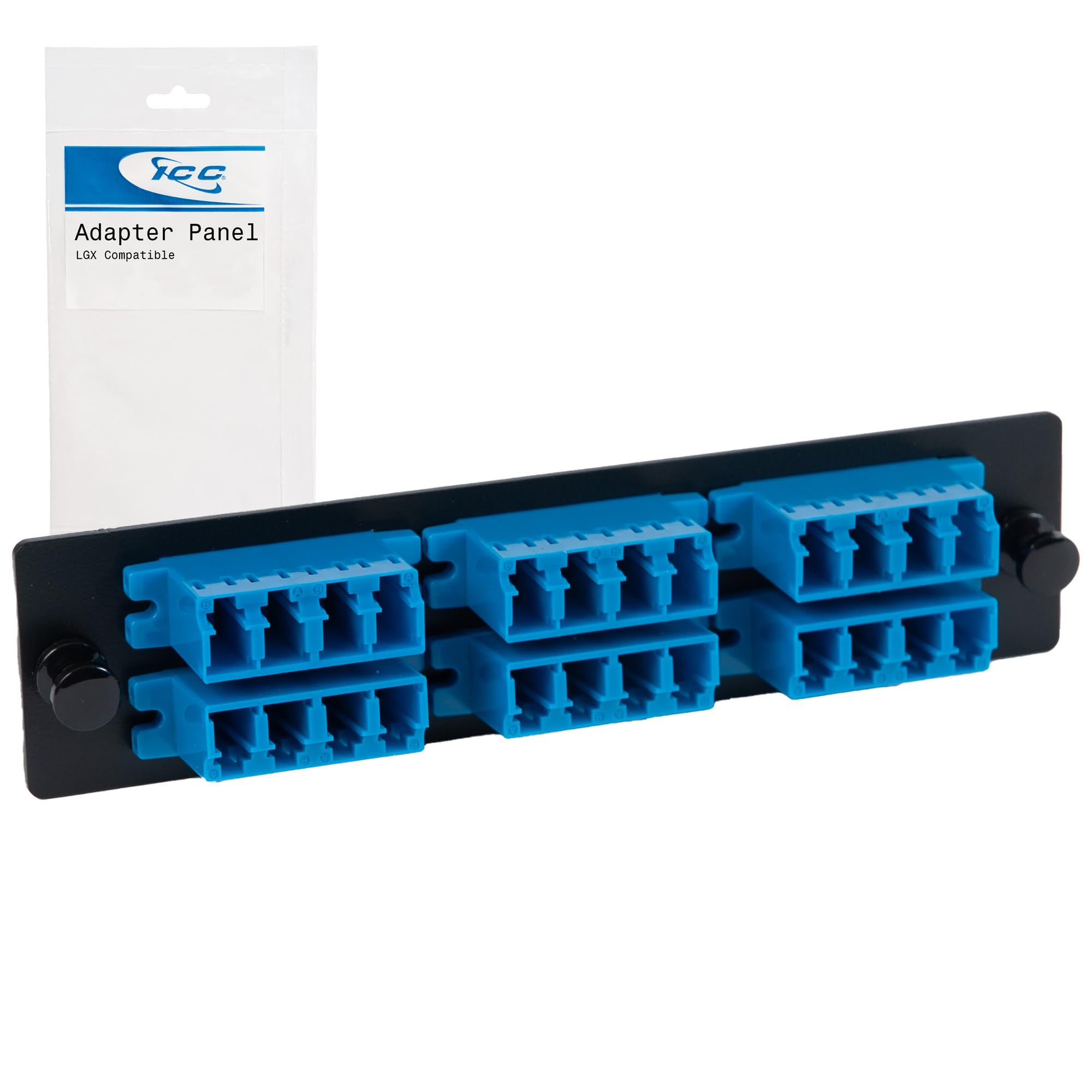ICC LC-LC Fiber Optic Adapter Panel, LGX Compatible, 24 Fibers, Singlemode, Blue 94V-0 Adapters, Push Fasteners