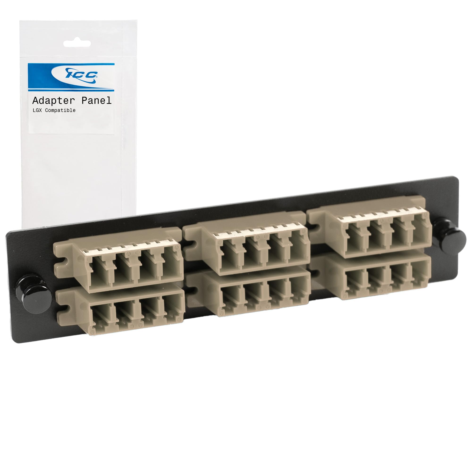 ICC LC-LC Fiber Optic Adapter Panel, LGX Compatible, 24 Fibers, Multimode, Beige 94V-0 Adapters, Push Fasteners