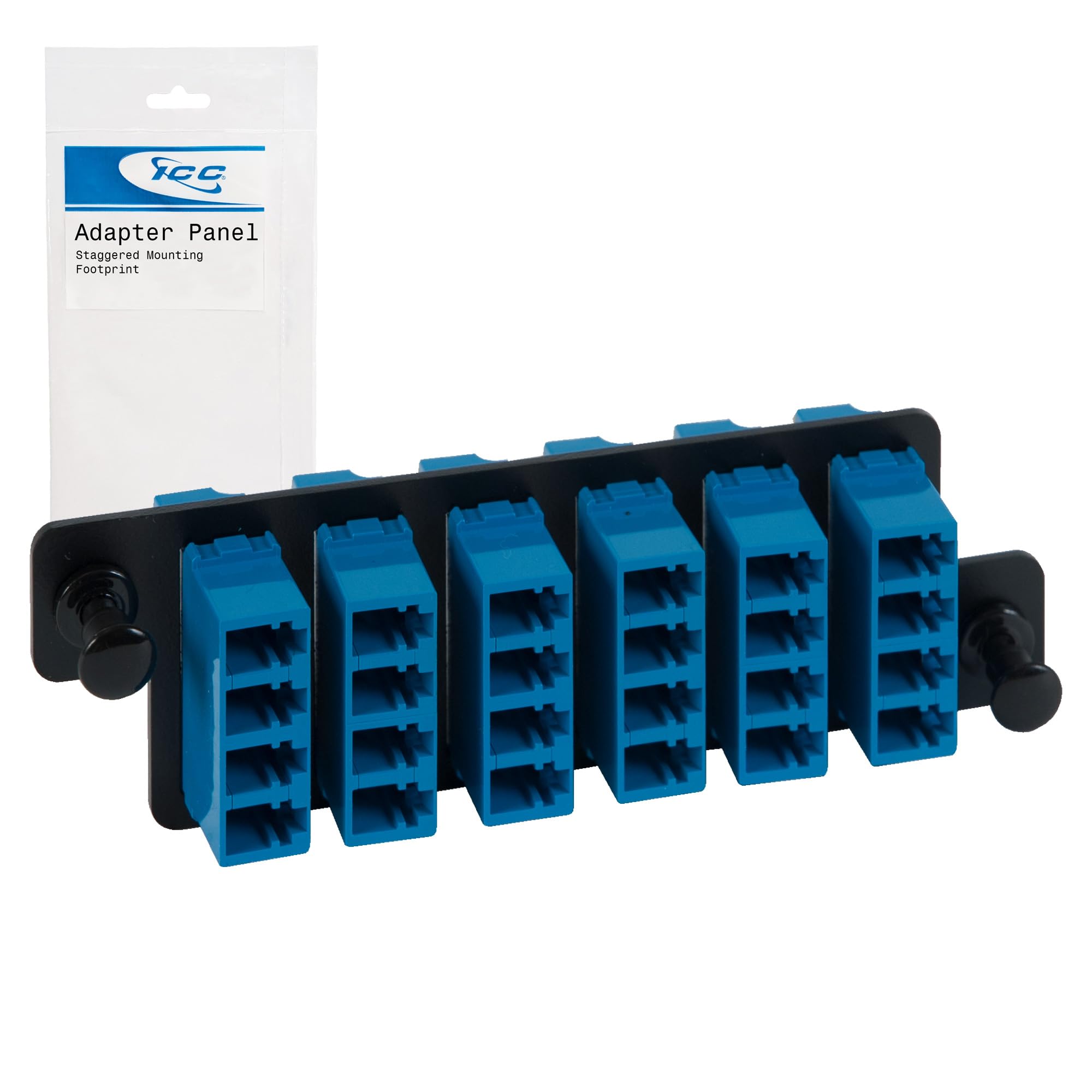 ICC HD LC-LC Fiber Optic Adapter Panel, 24 Fibers, Singlemode, Blue 94V‑0, Push Fasteners, Black Steel