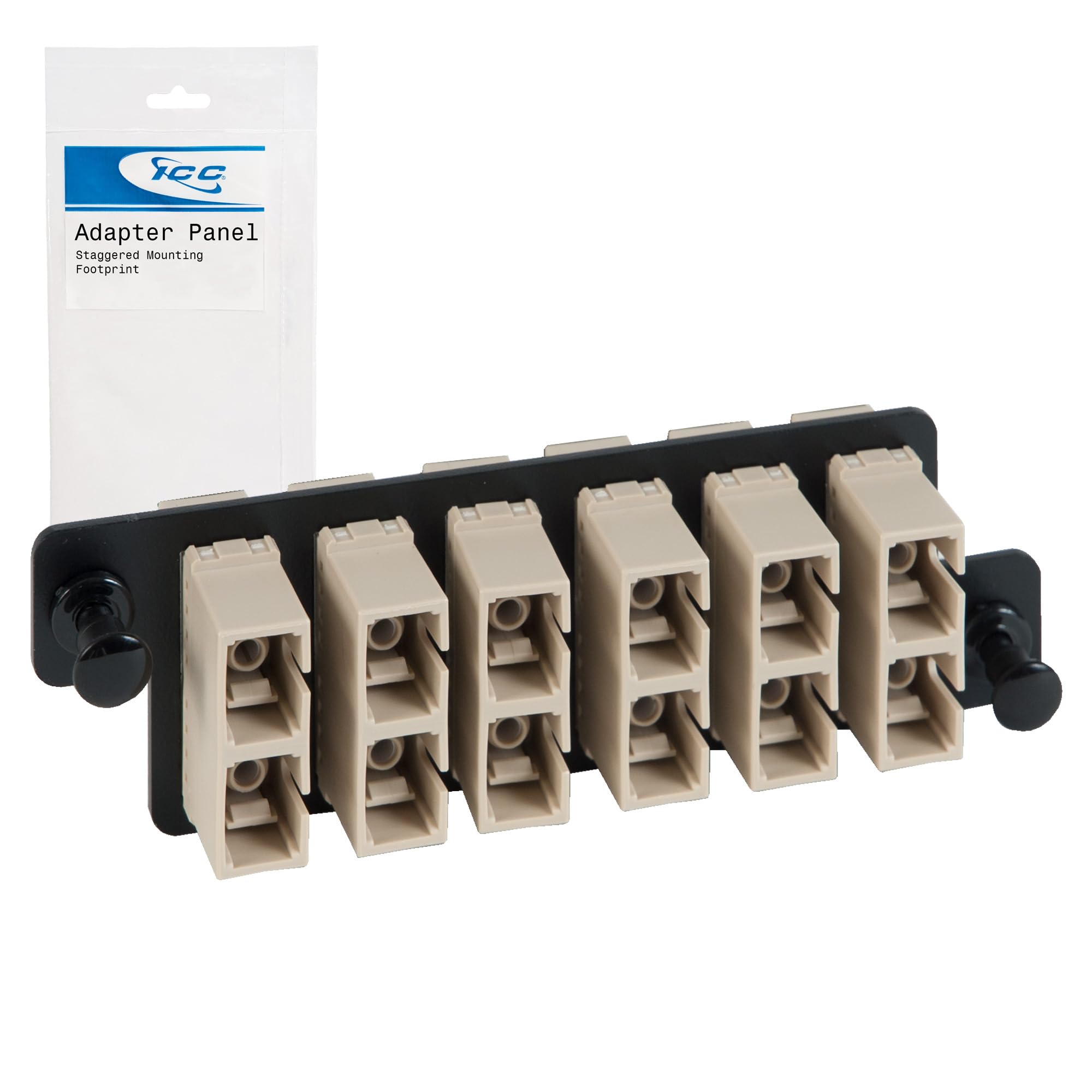 ICC HD SC-SC Fiber Optic Adapter Panel, 12 Fibers, Multimode, Beige 94V‑0, Push Fasteners, Black Steel