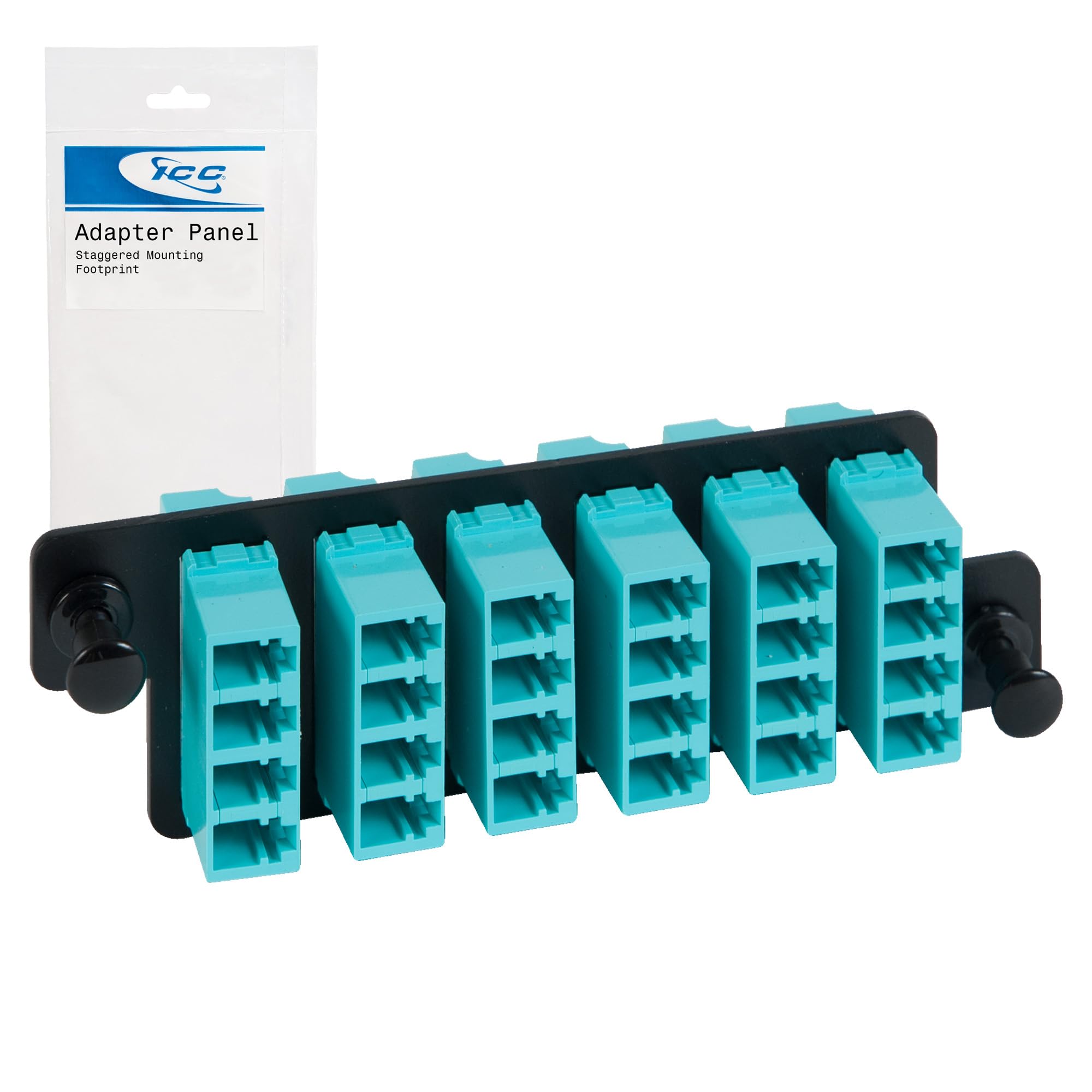 ICC HD LC-LC Fiber Optic Adapter Panel, 24 Fibers, Multimode 10G, Aqua 94V‑0, Push Fasteners, Black Steel