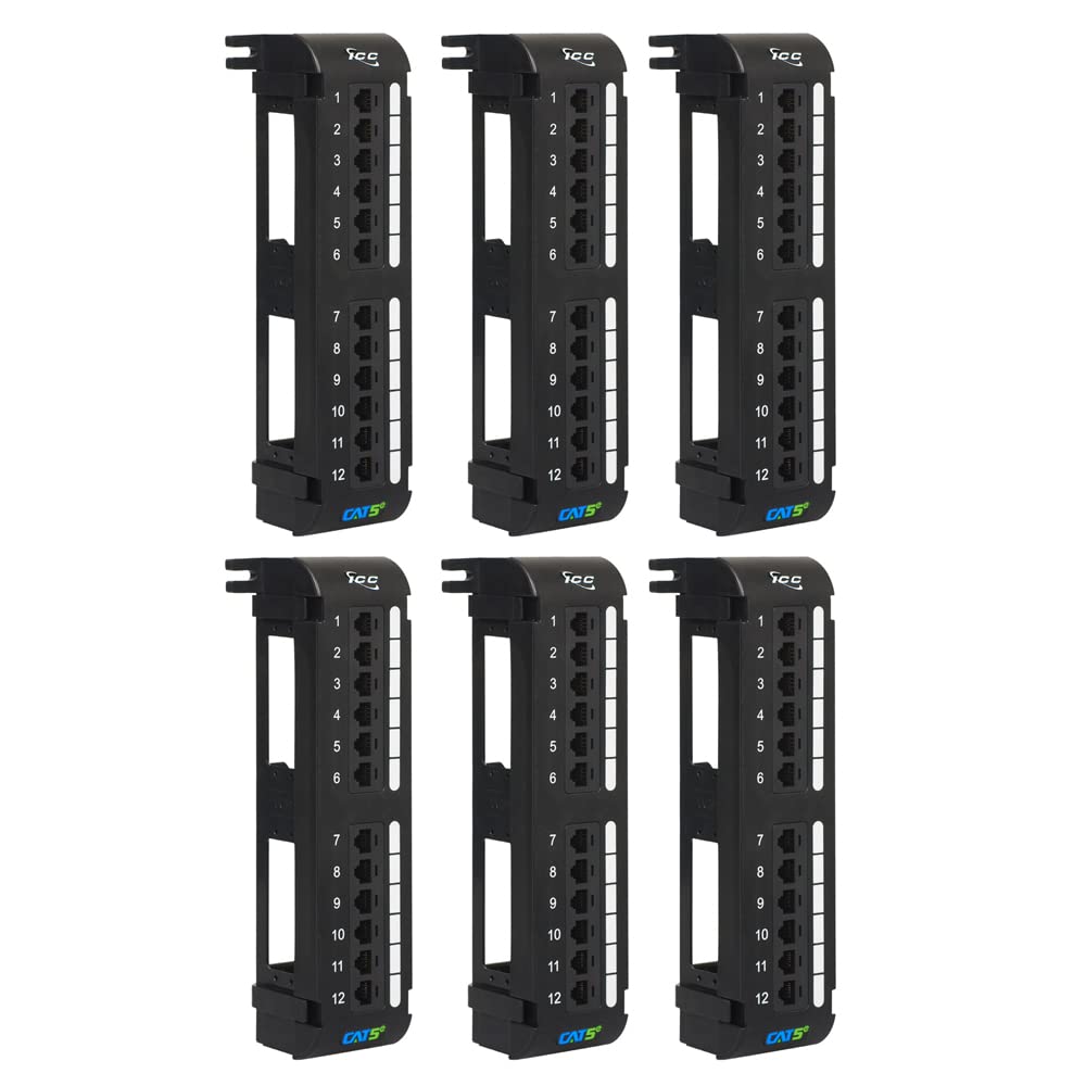 ICC CAT5e Patch Panel, UL Listed & PoE++ Rated Gigabit Applications, Wall Mount 12 Port Network Patch Panel with Rear 110 IDC Terminal Blocks and 89D Wall Mount Bracket, 6-Pack