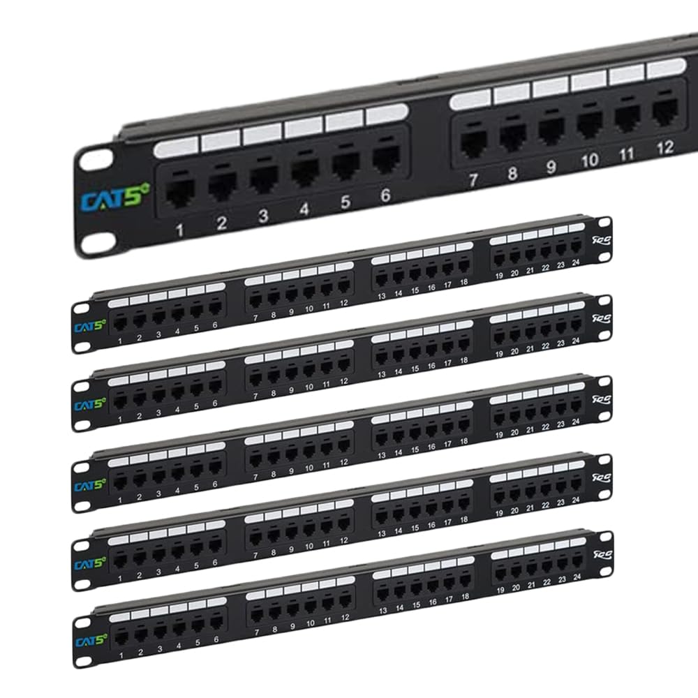 ICC CAT5e Patch Panel, UL Listed & PoE++ Rated Gigabit Applications, Rackmount 24 Port 1U 19-Inch Network Patch Panel with Rear 110 IDC Terminal Blocks for Gigabit Network Switch, Black, Pack of 6