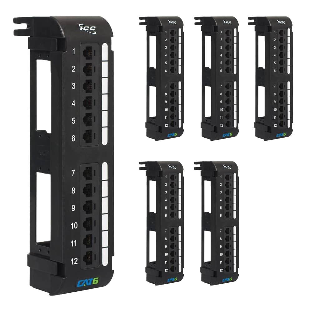 ICC CAT6 Patch Panel, UL Listed & PoE++ Rated Gigabit Applications, Wall Mount 12 Port Network Patch Panel with Rear 110 IDC Terminal Blocks and 89D Wall Mount Bracket, Black, 6-Pack