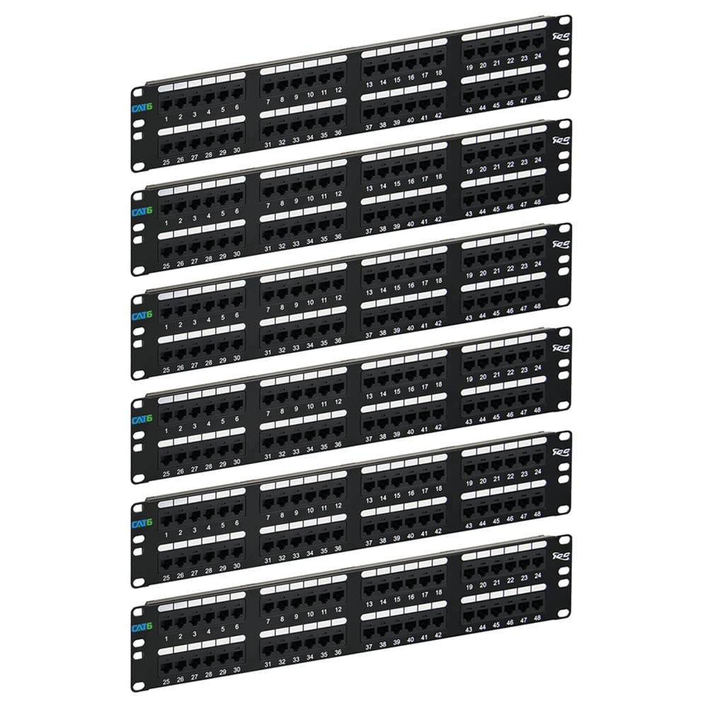 ICC CAT6 Patch Panel, UL Listed & PoE++ Rated Gigabit Applications, Rackmount 48 Port 2U 19-Inch Network Patch Panel with Rear 110 IDC Terminal Blocks for Gigabit Network Switch, Black, Pack of 6