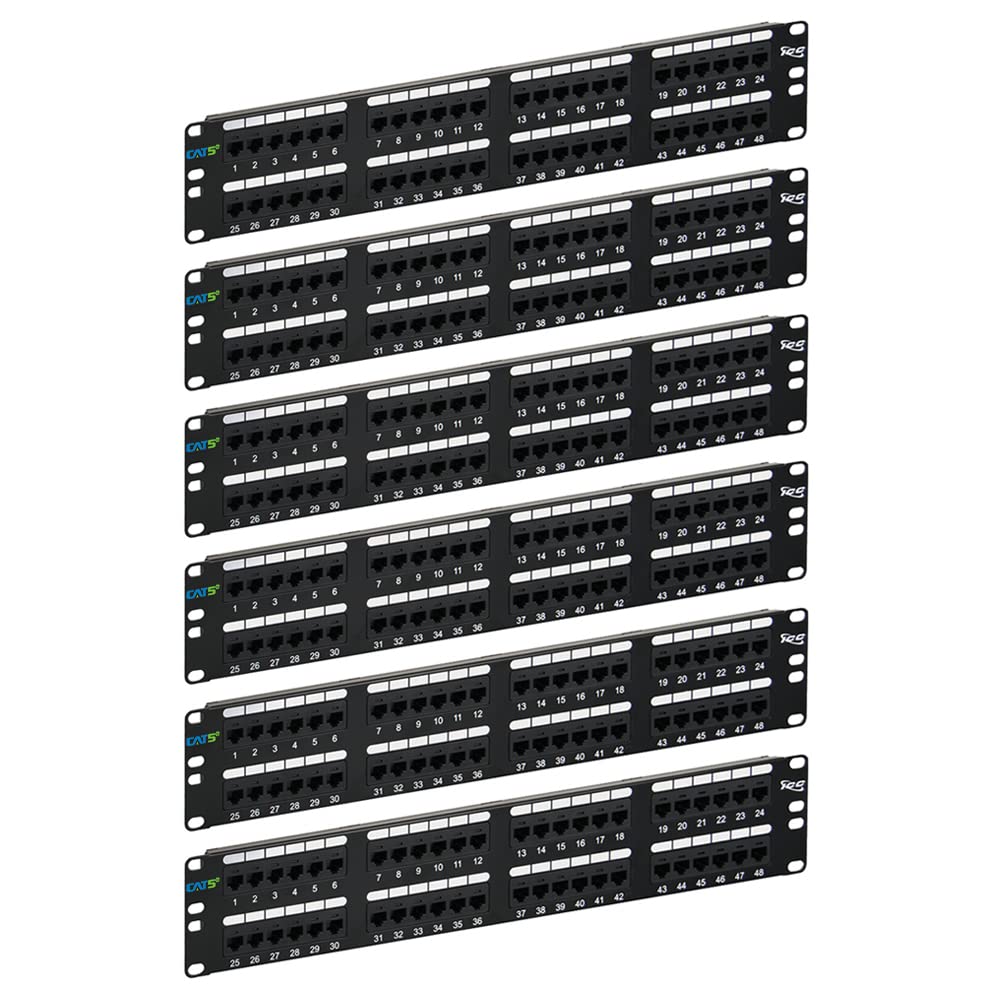 ICC CAT5e Patch Panel, UL Listed & PoE++ Rated Gigabit Applications, Rackmount 48 Port 2U 19-Inch Network Patch Panel with Rear 110 IDC Terminal Blocks for Gigabit Network Switch, Black, Pack of 6